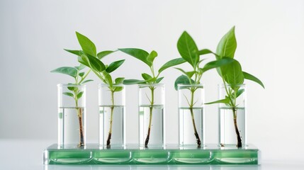 Fototapeta na wymiar Green fresh plant in glass test tube in laboratory on white background.