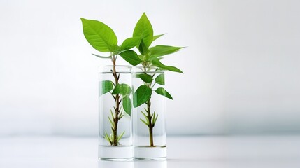 Green fresh plant in glass test tube in laboratory on white background.