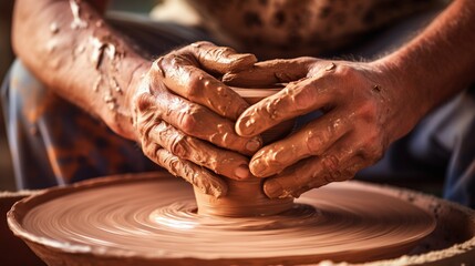 Hands of potter making clay pot. Close up process shot of a potter's hands shaping clay on a pottery wheel - obrazy, fototapety, plakaty