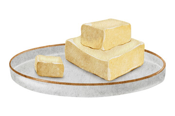 Butter on a plate. Baking ingredient. Food products. Watercolor illustration. Isolated. For design of labels and packaging of goods, cards, logo for the bakehouse and bakeshop.