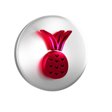 Red Pineapple tropical fruit icon isolated on transparent background. Silver circle button.