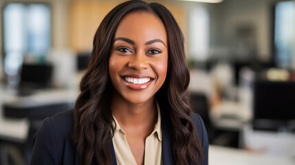 Obraz premium Portrait of beautiful black businesswoman looks at the camera and smiles. Woman with stylish hair. Office background. Feminine business success concept. Ai generative