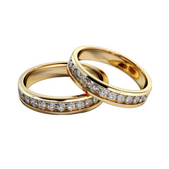 Diamond-Studded Gold Wedding Rings Isolated on Transparent or White Background, PNG