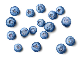 Fresh blueberries isolated on white background. Top view