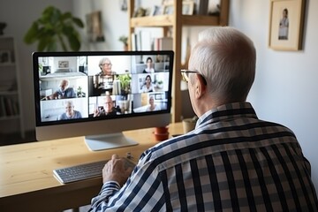 elderly man chats with his friends via video conference