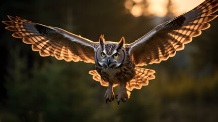 Owl swooping on prey at dusk
