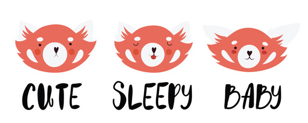 Cute red panda faces with different handwritings, childish vector illustrations