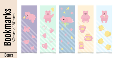 Set of cute kids bookmarks for reading books. Pink kind bear with hearts, jam, butterfly, bee, stars. Template of paper book separators. Isolated on a white background.