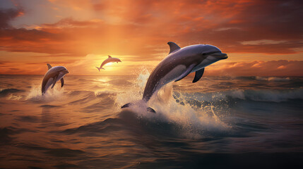 Pod of dolphins leaping from ocean - obrazy, fototapety, plakaty