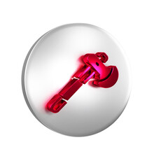 Red Wooden axe icon isolated on transparent background. Lumberjack axe. Silver circle button.