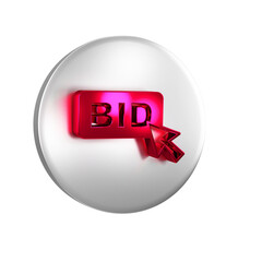 Red Bid icon isolated on transparent background. Auction bidding. Sale and buyers. Silver circle button.