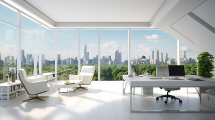 Panoramic white CEO office corner with balcony. Corner of CEO office computer desk. generative ai