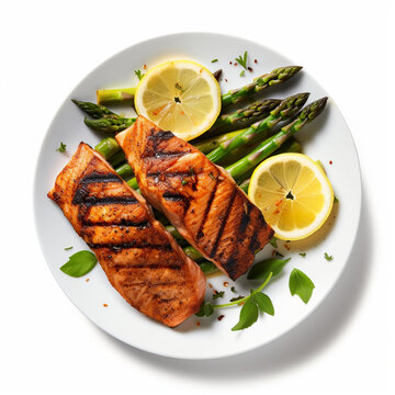 Fotografia con detalle de plato de color blanco con piezas de salmon a la parrilla, con esparragos verdes