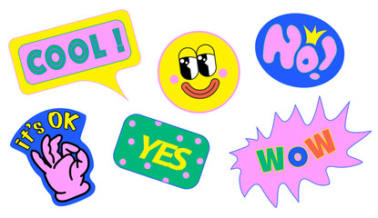 90 Cool Sticker Collage. Neon Color Print with Retro Millennium Style Patches. Cartoon Fun Smile Faces, y2k Style Vector Illustration. Funky art for T-Shirts, Wallpaper, Case Phone. 