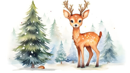 Cute deer in the snowy forest, illustration	