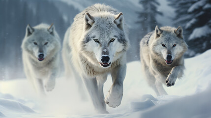 Naklejka premium Wolf pack approaching in snowy wilderness