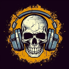 Grunge human skull with headphones, a metallic, blue and gray headphone-wearing skull against a grunge textured, black background with splashes of yellow and orange