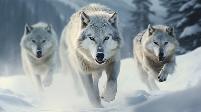 Wolf pack approaching in snowy wilderness