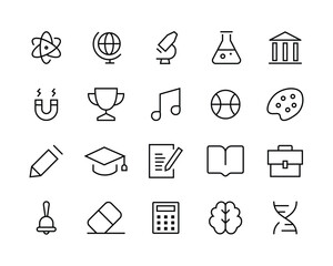 school subjects icons, History, Math, Biology, Chemistry, Geometry Education Study Lessons line icons set, editable stroke isolated on white, linear vector outline illustration, symbol logo design