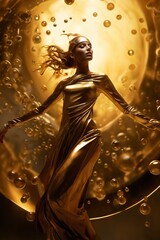 woman in golden dress in circle of bubbles, futuristic themes, flowing textures, dynamic still lifes, golden hues