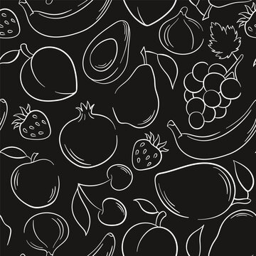Seamless fruits and berries pattern in line art style. Black and white, doodle, hand drawn. Vector illustration on a black background.