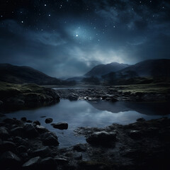 Fondo natural con vista de lago de montaña bajo cielo con estrellas y nubes