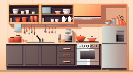 Modern kitchen interior with housewares and new furniture. Modern kitchen interior. generative ai