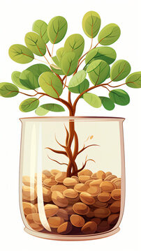 Plant and tree seed in recycle glass pot cartoon isolated on white background