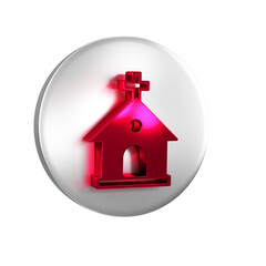 Red Church building icon isolated on transparent background. Christian Church. Religion of church. Silver circle button.