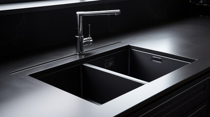 Modern sink on black kitchen counter. Dark contemporary kitchen tabletop empty space. generative ai