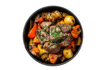 Meat stew in cooking pot on dark rustic cutting board. Transparent background. Isolated.