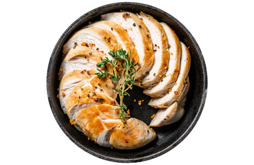 Grilled sliced Turkey steaks in a pan. Breast fillet. Transparent background. Isolated. - obrazy, fototapety, plakaty