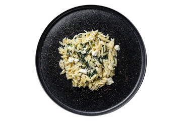 Obraz na płótnie Canvas Homemade spinach orzo pasta on a plate. Transparent background. Isolated.