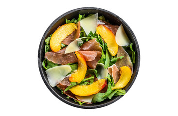 Salad with jamon Iberico, arugula, peach and Parmesan in a iron pan.  Transparent background....