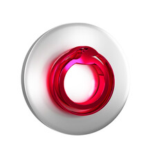 Red Magic symbol of Ouroboros icon isolated on transparent background. Snake biting its own tail. Animal and infinity, mythology and serpent. Silver circle button.