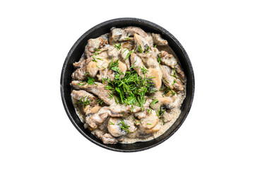 Beef Stroganoff with mushrooms and fresh parsley.  Transparent background. Isolated.