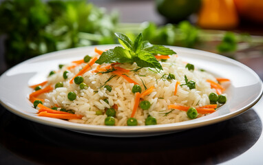 Fototapeta na wymiar Cooked Long Grain Basmati Rice with Green Peas and Carrot Slices in White Plate, Vegetable Pulav