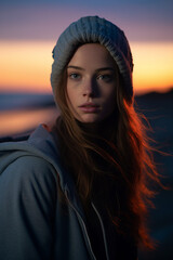 Portrait of an individual whose subdued expression is highlighted by the cool blue light of the setting sun. Blue Monday Concept

