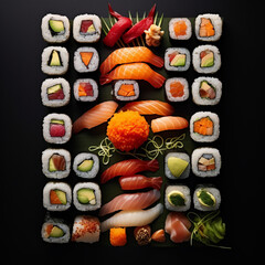 Fotografia con detalle de multitud de piezas diferentes de sushi, sobre fondo de color negro
