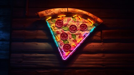 A glowing neon pizza slice on a weathered wooden wall, the colors popping in a delightful display...