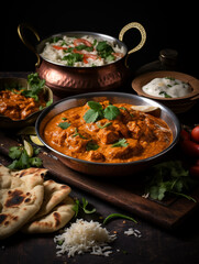 Traditional Indian Cuisine: Butter Chicken, Naan, and Rice