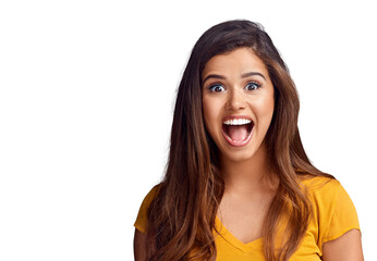 Surprise, shock and portrait of young woman with good, exciting and crazy news or announcement. Happy, excited and Indian female model with omg, wow or wtf face isolated by transparent png background - obrazy, fototapety, plakaty