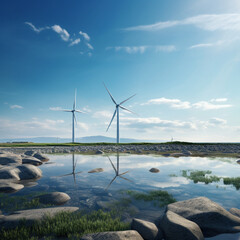 Fotografia con paisaje natural, con generadores eolicos, reflejados sobre superficie de agua
