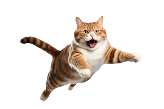 a high quality stock photograph of a single fat happy cat jumping in the air isolated on a white background