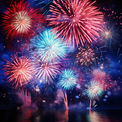 Fototapeta premium Fondo con detalle de fuegos artificiales con multiples tonos de azul y rojo