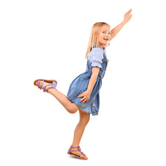 Portrait, girl and kid fly in game or fantasy with happiness in transparent, isolated or png...