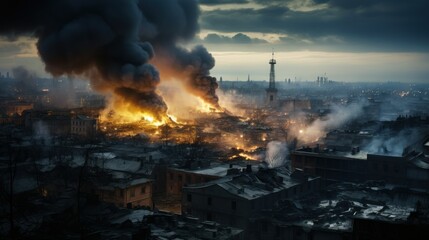 rocket explosion in the city. top view of a war-torn city after bombing. concept of war and destruction