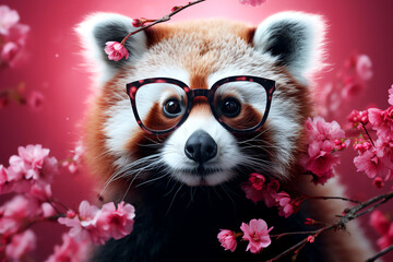 red panda wearing glasses with cherry blossoms wallpaper background