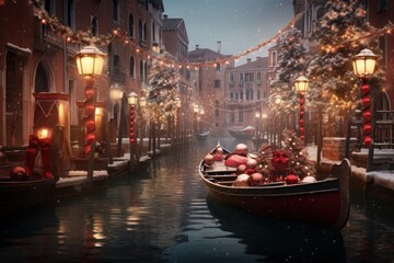 city canal grande , gondolas country, gondola in winter christmas - obrazy, fototapety, plakaty
