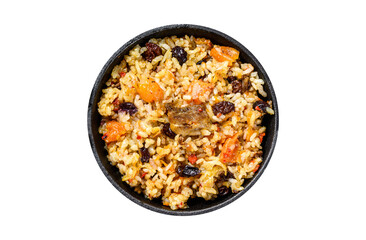 Pilaf in a pan. Central Asian cuisine Plov.   Transparent background. Isolated. - obrazy, fototapety, plakaty
